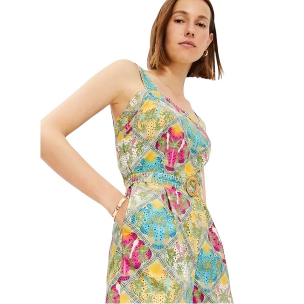 NEW LOFT Palm Belted Strappy Romper Size 12 Square Neckline Sleeveless Colorful
